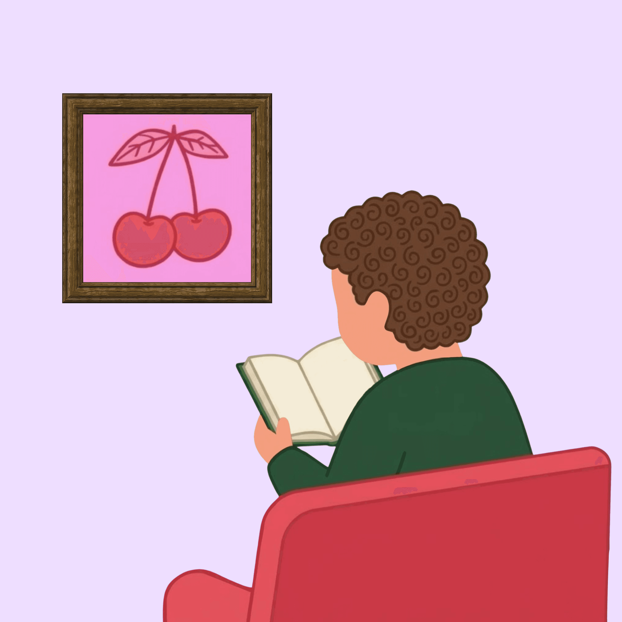 Illustration of a buyer holding framed art on a sofa.