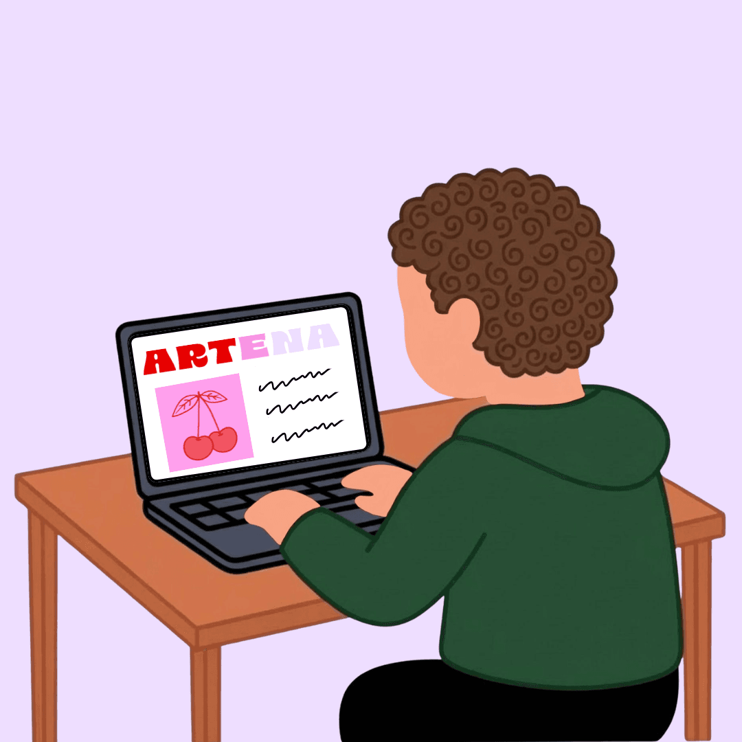 Illustration of a seated buyer browsing art on a laptop.