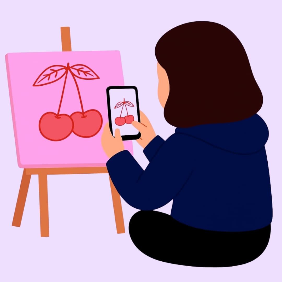 Illustration of an artist uploading artwork from a laptop.