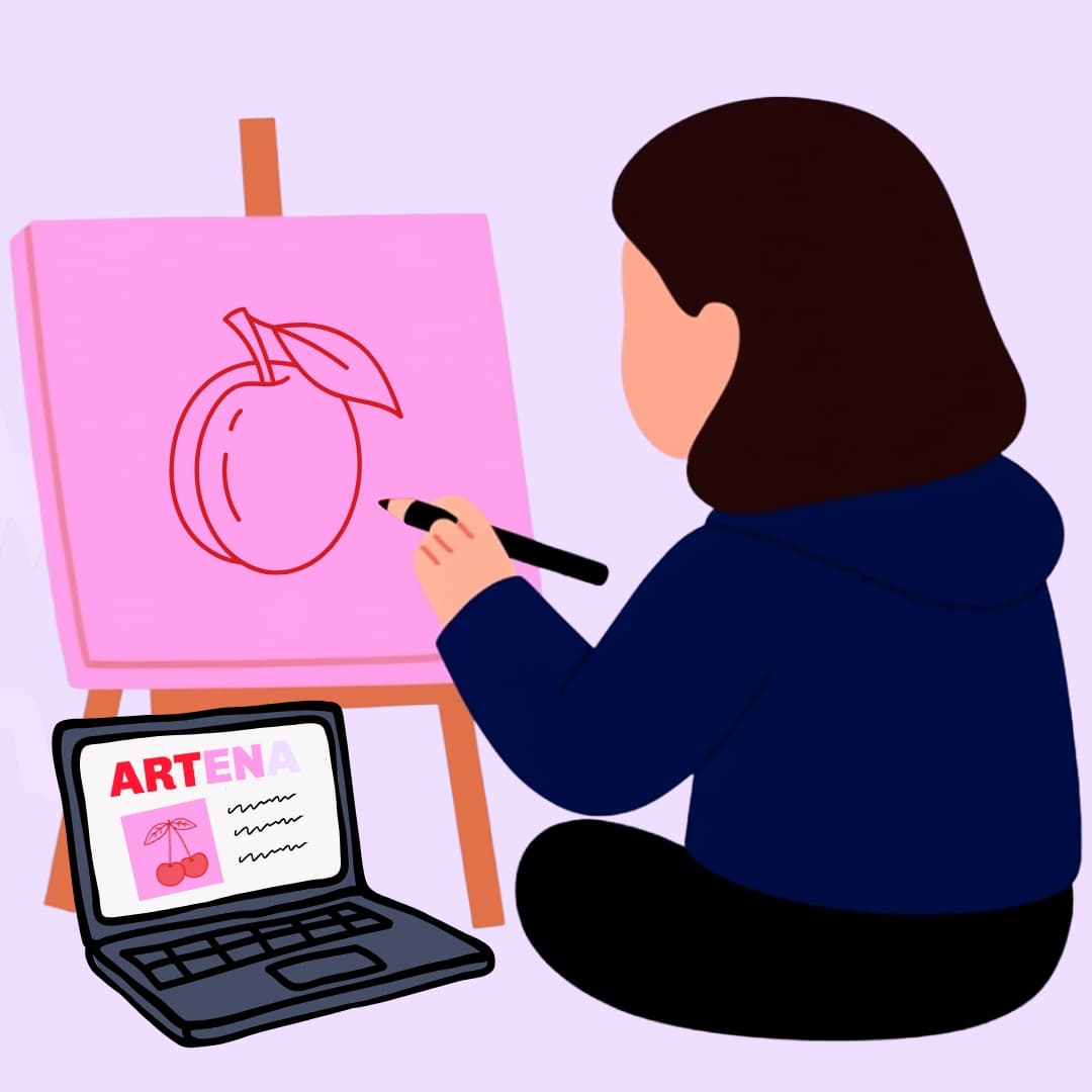 Illustration of an artist working beside a laptop and artwork.